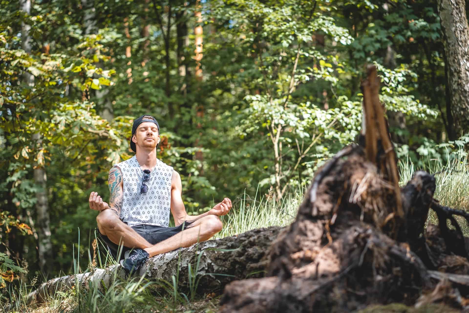 Man Meditating on a Tree Log as a Hobby